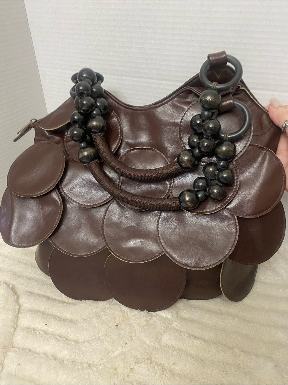 Bueno Brown Scalloped Fish Scale Disc Shoulder Bag with Beaded Handles